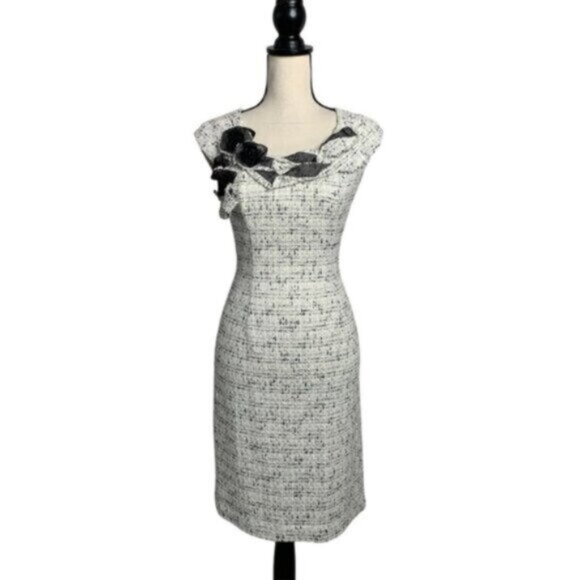 Kay Unger Tweed Sleeveless Floral Appliqué and Ruffle Neckline Sheath Dress - Picture 2 of 16